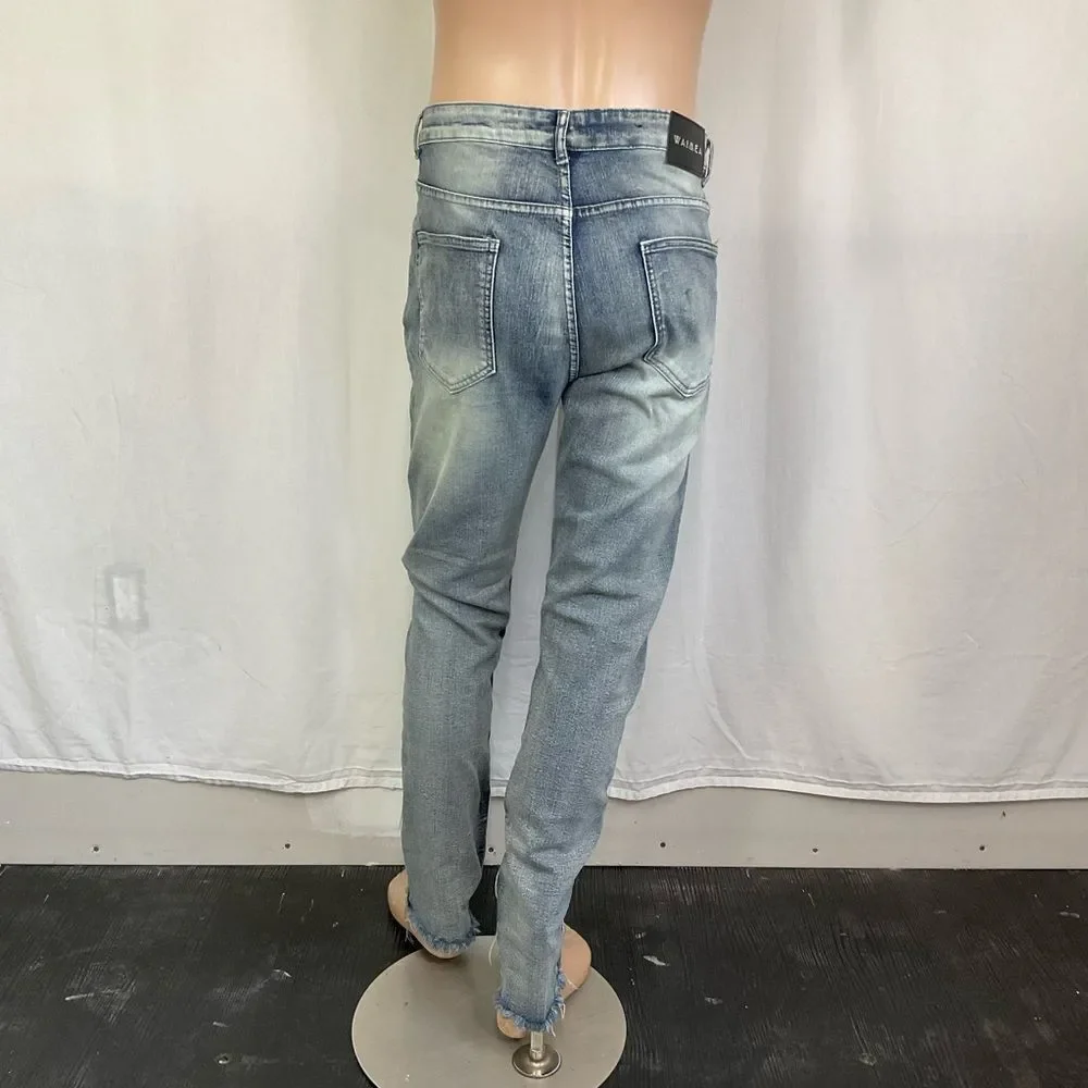 WAIMEA Skinny Fit Ripped Distressed Light Wash Streetwear Jeans 36X32